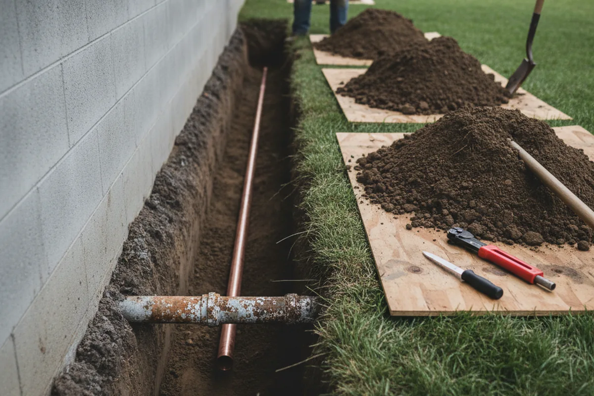 Excavated water line trench during Water Softener Installation in Jennings